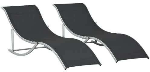 Outsunny Set di 2 Lettini Prendisole da Giardino Pieghevoli Nero, Argento | Sdraio da Giardino, Texteline e Alluminio, per Spiaggia, Piscina, 61x165x63cm
