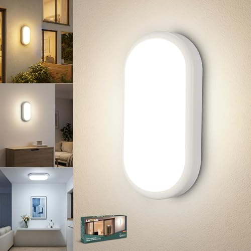 LetGlin Deckenlampe LED Kellerlampe 12W 1200LM, IP54 Wandleuchte Innen, 3000K/4000K/6000K LED Lampe Oval, Wandlampe Feuchtraumleuchte Außen, Kellerleuchte für Keller Flur Treppe Garage, 1 Stück