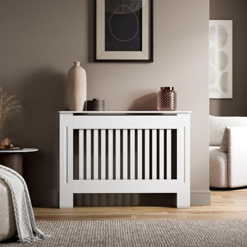 RADIANT LIVING Radiator Cover Vertical Slat Design, Modern White MDF Radiator Cabinet for Living Room & Bedroom, Medium 112 x 81.5 x 19cm