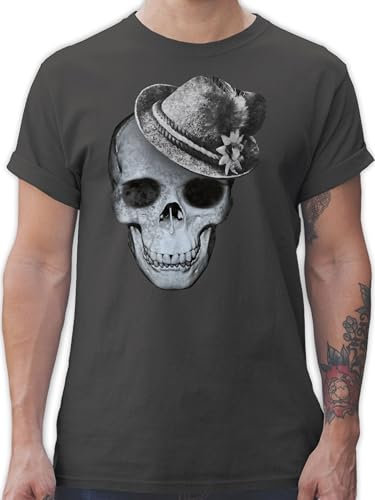T-Shirt Herren - Kompatibel Oktoberfest - Totenkopf mit Filzhut - 3XL - Dunkelgrau - trachtenshirt bayrische Trachtenmode t Shirt Octoberfest Skull Tshirt oktoberfestkleidung Oktoberfest-t-Shirt