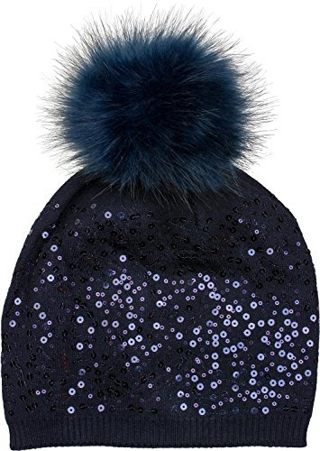 styleBREAKER Feinstrick Bommelmütze mit Pailletten und abnehmbarem Kunstfell Bommel, Fellbommel Mütze, Damen 04024134, Farbe:Dunkelblau