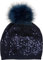styleBREAKER Feinstrick Bommelmütze mit Pailletten und abnehmbarem Kunstfell Bommel, Fellbommel Mütze, Damen 04024134, Farbe:Dunkelblau