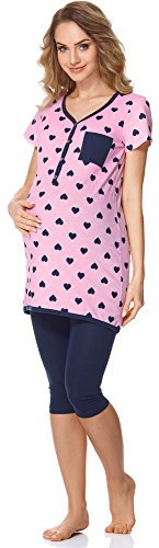 Bellivalini Damen Umstands Pyjama mit Stillfunktion BLV50-126 (Rosa Herzen/Marineblau, XXL)