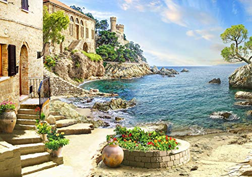wandmotiv24 Photo murale Côte du château de la mer M 250 x 175 cm - 5 pièces photo, papier peint non tissé Fresque, méditerranée, ville M1074