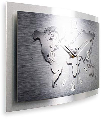 Kreative Feder 3D Designer-Wanduhr Weltkarte in modernem Metallic-Design; leise Funkuhr mit glänzendem Motiv wahlweise in Zwei Größen (Weltkarte, 50x30cm; leises Funkuhrwerk)
