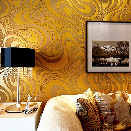 YangYun Home Decoration Modern 3D Abstract Curve Wave Non-Pasted Flocking Striped Wallpaper Roll for Living Room Bedroom Gold Color 2.3'W x 27.56'L