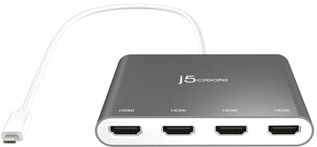 j5create USB-C to 4 Port HDMI Adapter Hub- Multi Monitor Splitter - Support 4 1080p 60Hz Displays - Compatible with Type-C MacBook and Windows Laptop (JCA366)