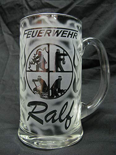 Bierkrug 0,5 ltr. mit Gravur Feuerwehr Logo und Name individuell