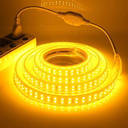 XUNATA Doppelreihe Gelb LED Strip Streifen, 220V 2835 SMD 180leds/m IP65 Wasserdicht, Flexibel LED Lichtband Seil Licht Schlauch für Hausbeleuchtung Dekor Bar (Gelb, 10M)
