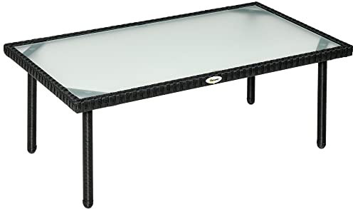 Outsunny Table Basse de Jardin Plateau Verre trempé 5 mm résine tressée Imitation rotin Noir