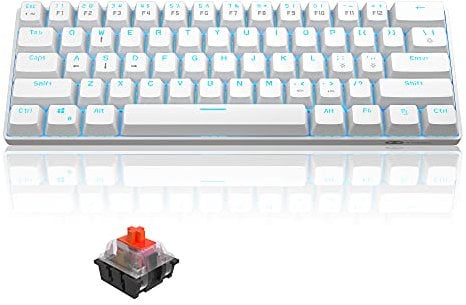 MageGee MK-Mini 60% Mechanical Gaming Keyboard, 61 Keys Compact Red Switches, Portable USB Type-C Wired Office Keyboard with Blue LED Backlit for Computer PC Laptop, White
