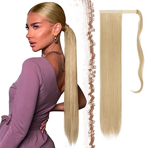 FESHFEN Lang Glattes Pferdeschwanz Haarteil Synthetik Haarverlängerung Zopf Haar Extension für Damen Mädchen, Asch Blond 70 cm