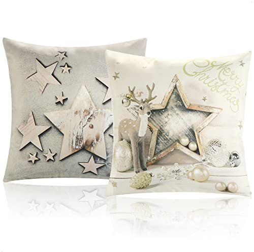 com-four® 2X Zierkissenbezug 45x45cm - Set Kissenhüllen mit Weihnachtsmotiv - dekorativer Bezug für Dekokissen, Sofakissen und Wurfkissen - Oxford-Gewebe (2X - Sterne+Hirsch)
