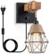 Wandleuchte mit Stecker Innen Vintage, Dimmbar Wandlampe mit Schalter & 1.8M Kabel, Schwarz E27 Industrial Retro Lampe aus Metall und Holz, für Wohnzimmer Schlafzimmer Treppen Flur (Ohne Glühbirne)