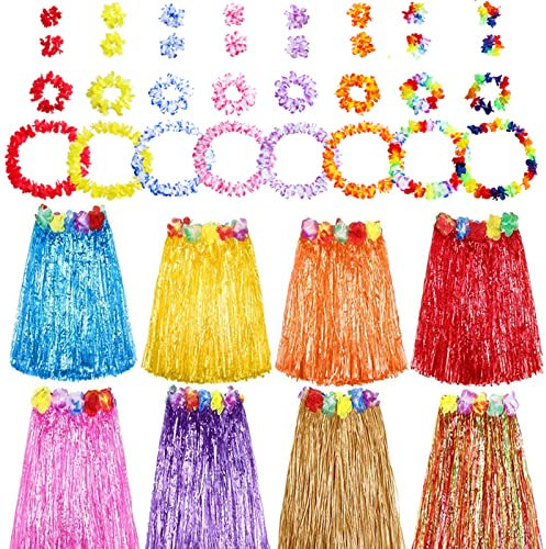 HBell 8 Set 40 Stück hawaiianische Grasröcke und hawaiianische Girlanden,hawaiianische Leis-Armband, Stirnband,Kostüm, Verkleidung,für Kinder und Erwachsene,Sommer,Strand, tropische Party-Dekorationen