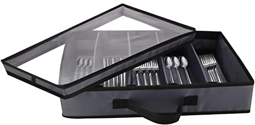 MISNODE Flatware Storage Case, Tableware Utensil Chest, Silverware Box with Adjustable Dividers, Fabric Container Holder Tray for Cutlery Organizing