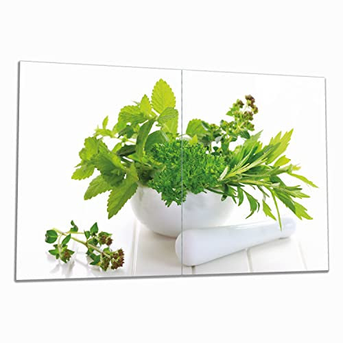 Wallario Herdabdeckplatte/Spritzschutz aus Glas, 2-teilig, 80x52cm, für Ceran- und Induktionsherde, Welt der Kräuter - Verschiedene Kräuter in einem weißen Mörser
