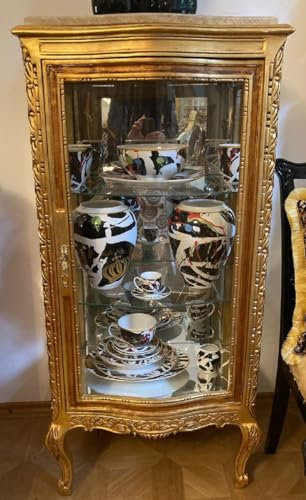 Casa Padrino Barock Vitrine Gold/Creme - Handgefertigter Massivholz Vitrinenschrank mit Glastür und Marmorplatte - Wohnzimmer Möbel im Barockstil - Barock Möbel - Barock Einrichtung