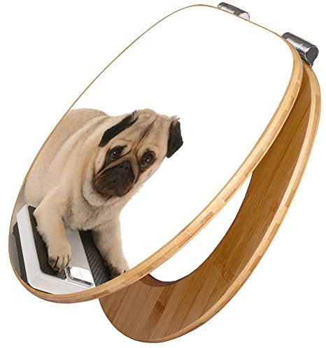 banjado Design WC Sitz Bambus Absenkautomatik 45,8x37,5cm / Toilettendeckel mit Absenkautomatik Holz/hochwertiger Bambus Klodeckel/WC-Sitz für gängigen Toiletten/Motiv Mops