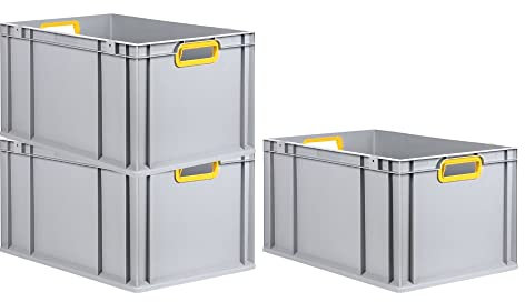 PROREGAL SuperSparSet 3x Eurobox NextGen Color | HxBxT 32x40x60cm | 65 Liter | Griffe gelb offen | Verstärkter Boden | Eurobehälter, Transportbox, Transportbehälter, Stapelbehälter