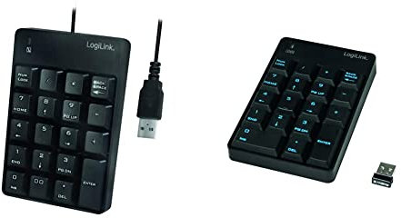Logilink ID0120 - Kabelloses Keypad Ziffernblock mit 18 Tasten für Windows 2000/XP/ME/VISTA/7/8/10, Schwarz & ID0184 Numerische Zusatztastatur mit USB-Anschluss mit LED-Aktivitätsanzeige Schwarz
