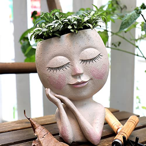 Meyas Blumentopf Gesicht Kopf Sukkulente Pflanze, Sukkulenten Übertöpfe, Kaktus Pflanzgefäß mit Ablaufloch, Gartendeko Geschenk für Innen und Draußen, Helle Farbe