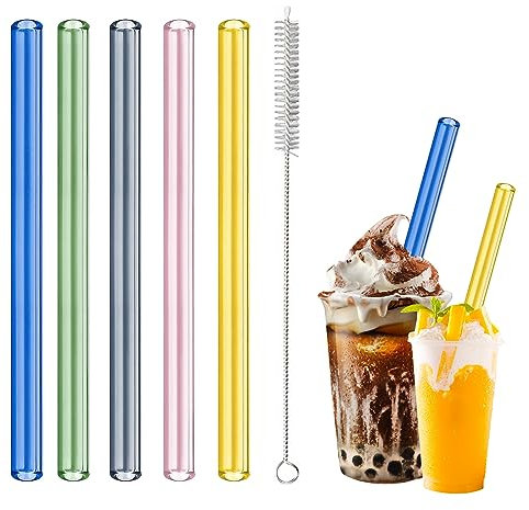 HXC 5 Stück Bunte Bubble Tea Strohhalme Glas 12MM Exra Dicke Strohhalme Glas Bubble Tea Strohhalme Wiederverwendbar Boba Tea Glasstrohhalme mit Reinigungsbürsten für Smoothie Säfte 21.5cm