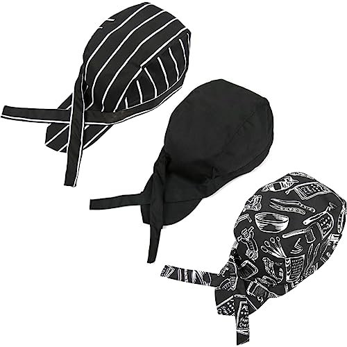 KQNM 3pcs Gorros De Cocinero, Gorro De Cocina Elástico, Gorro De Chef, Gorro Cocina, Sombrero De Chef De Algodón y Poliéster para Hombres y Mujeres(Negro, Blanco y Negro, Cuchillo y Tenedor)