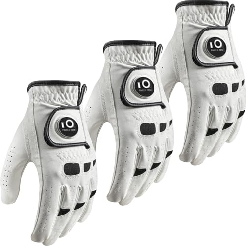 FINGER TEN Gants De Golf Homme Main Droite Gauche Cuir avec Marqueur de Balle Mode Lot de 3, Gant De Golf Hommes Blanc Sports Respirants Cadeaux Golf (Blanc, XXL, Gauche)