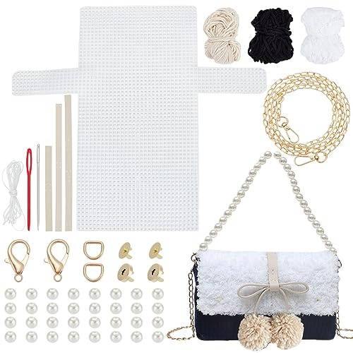 WADORN Strick- und Häkelhandtaschen-Set, Mesh-Kunststoff-Canvas-Set für Umhängetaschen, DIY-Stricken, Häkeln, Crossbag-Materialien für Stickerei-Projekte, Schwarz