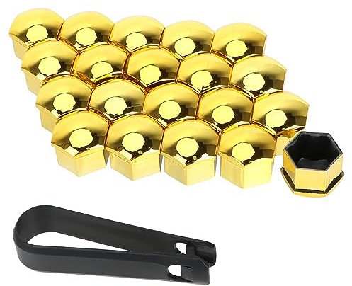 19mm Mutternabdeckungen,20 Stück Radschraubenkappen Mit Entfernung Werkzeug Sechskant-Reifen Muttern-abdeckungen Radmutterkappen Radbolzen Kappen Rad Mutter Cap Radbolzen Schutz Cover-Gold