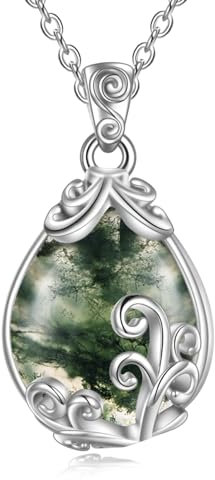 POPLYKE Moos Achat Halskette Sterling Silber Moos Achat Filigran Teardrop Anhänger Kette Edelstein Kristall Schmuck Geschenke für Frauen