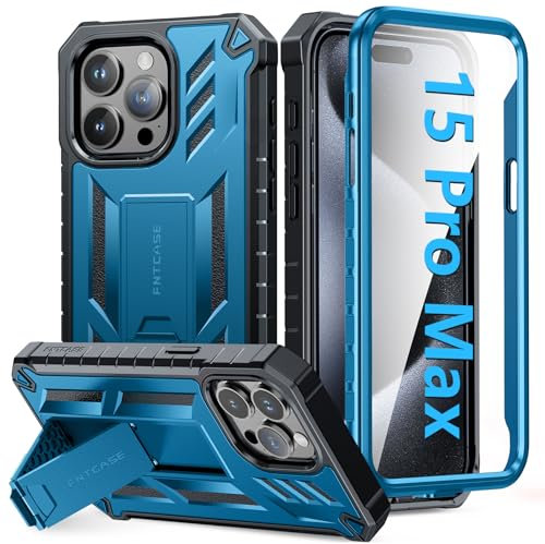 FNTCASE for iPhone 15 Pro-Max Case: Military Grade Protective Cover with Kickstand Dual Layer Matte Shockproof Phone Case for iPhone 15 Pro Max 6.7 Inch (B-Blue)