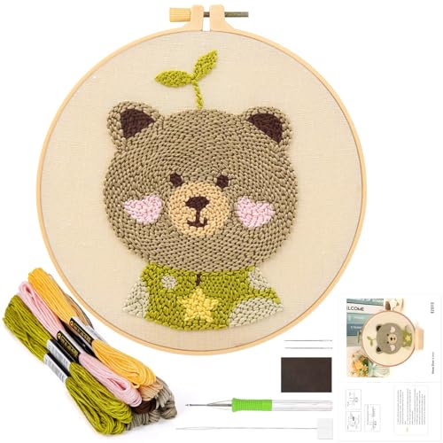 JSRQT Punch Needle Anfänger Handarbeit Set,Stanznadel Stickerei Starter Kit,Stanzer Embroidery Starter Kits mit Garn, Einfädler-Werkzeug für Stanznadel(Kleiner Bär)