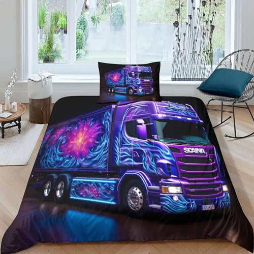 MEFESE Lila LKW-Bettbezug, 3-Teiliges Ultraweiches Bettwäsche-Set für Jungen, Mikrofaser-Polyester Mit Reißverschluss, Einzelbett