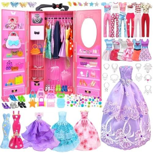 Kleidung für Puppen kleiderschrank Kleidung Schmuck Zubehör für 11,5 Zoll Puppe Dress Up Set Puppenschrank mit Hochzeitskleid Kleider Oberteile Hosen Schuhe Taschen Spielzeug Geschenk für Mädchen