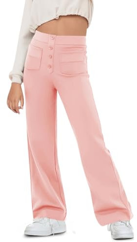 Haloumoning Pantalon évasé pour fille - Legging de yoga évasé - Bouton - Taille haute - Pantalon de sport avec poches, Rose, 8-10 ans