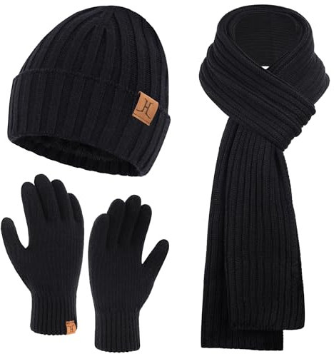 ZASFOU Uomo Cappello Invernale Sciarpa Guanti Touch Screen Set Caldo Pile Foderati in Maglia Berretto Cappelli Sciarpe lunghe Guanto Regalo per Uomo