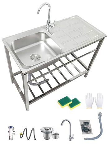 Fregadero Jardin Exterior,Fregadero De Acero Inoxidable Comercial, Fregaderos De Cocina con Grifo Y Estantes De Almacenamiento, Fácil De Montar para Restaurantes/Garajes/Lavanderías(75x40xH75cm)
