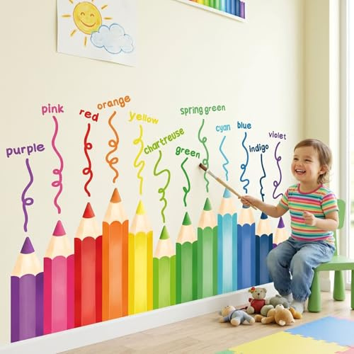 DECOWALL Colour Pencil Wall Stickers Decals, Rainbow Colours (SG2-2417) | Peel and stick colour pencil wall stickers with colour words; repositionable, removable and up to 127.6 x 71.3 cm