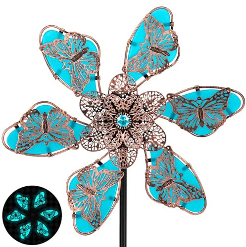 Metall-Windspiel für den Außenbereich, leuchtet im Dunkeln, Windskulpturen mit Metallpfahl, 360° kinetische Windmühle für Garten, Hof, Rasen, Terrasse, Dekor (Blau)