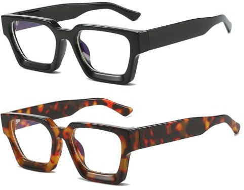 LJCZKA 2 Pairs of Blue Light Glasses Square Frame for Women Men, Computer Glasses Thick Frame Anti Eye-Fatigue Headache for Reading, Texting & Gaming