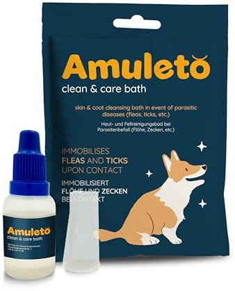 Amuleto Milben und Flohshampoo für Hunde & Katzen - Milbenmittel 2X 15ml Konzentrat - Parasiten Shampoo - Lindert Juckreiz, spendet Feuchtigkeit, beruhigt gereizte Haut - Clean & Care Bath