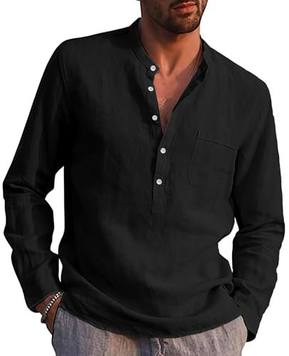 Rodawu Mens Linen Shirts Long Sleeve Casual Cotton Summer Beach Henley Shirt Tops Black XL