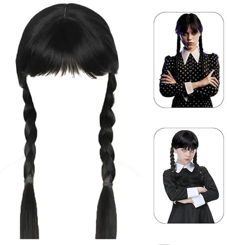Wednesdays Perücke Mädchen, Perückes Schwarzes Karnevals, Addamsperücke für Kinder Erwachsene, Wednesdays Perückes Geflochtene Schwarzeperücken, Perücken mit Ponyzopf, Gothickostüm Langezöpfeperücke