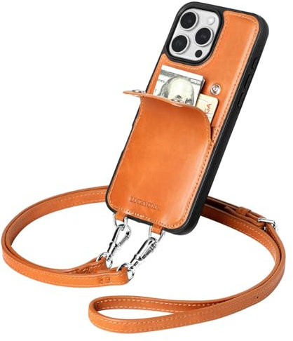 LUCKYCOIN Wallet Phone Case for iPhone 16 Pro Max with Wrist Strap/Card Holder,Fashion Travel Crossbody Case for Women,Genuine Leather Purse Cover for Girl,Pouch Case with Adjustable Neck Cord-Brown