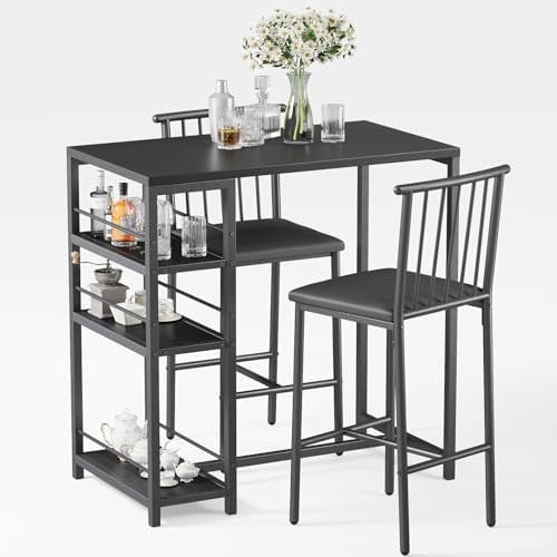 Xbro Bartisch Set 3-teilig, Bartisch mit Barhocker Set Küchentisch mit Stühlen für Küche, Esszimmer, Bistro, etc. Esstisch und 2 Stühle mit Rückenlehne und Polsterung (Schwarz)