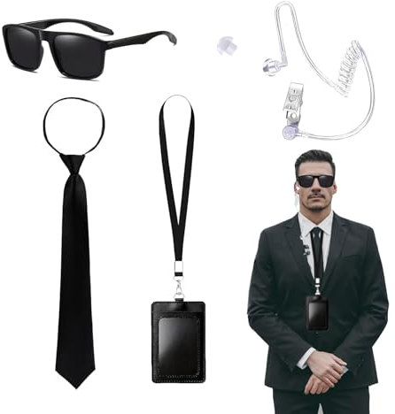 QSZHSL 5 Pcs Agent Kostüm Zubehör, Agent Accessories Set, Geheimdienst Kostüm Set Spion Kostüm Zubehör mit Sonnenbrille Krawatte Card Holder Earpiece Tube, Kostüm Karneval Für Männer Frauen Kinder