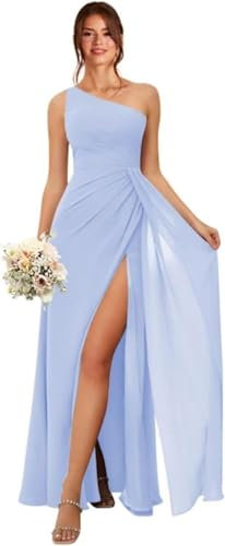 HUINI Ein-Schulter Chiffon Brautjungfernkleider mit Schlitz für Frauen Geraffte Korsett Formales Ballkleid Flieder 34