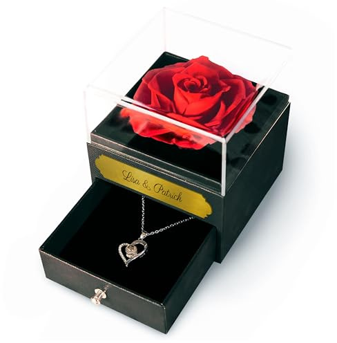 True Statements Personalisierte Geschenkbox mit Gravur – Ewige Rose & Halskette & Herz-Anhänger mit „Ich liebe dich“ Botschaft – Geschenk für Freundin Partnerin Frau – Valentinstag Muttertag